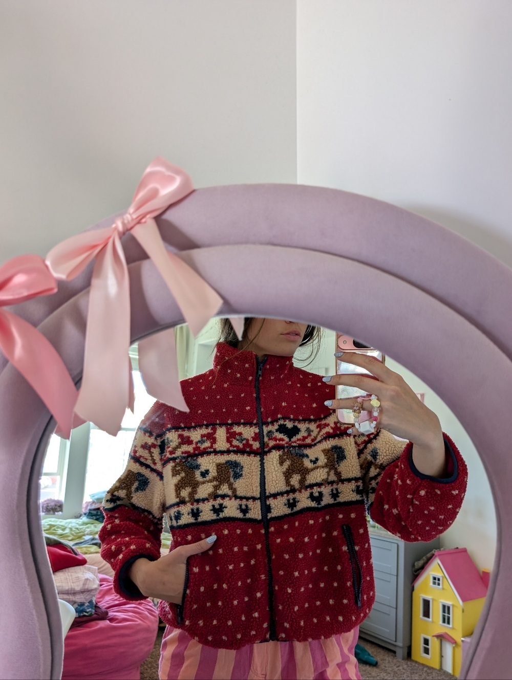 Red Reindeer Patterned Zip-Up Fleece Sweater Jacket Size Small